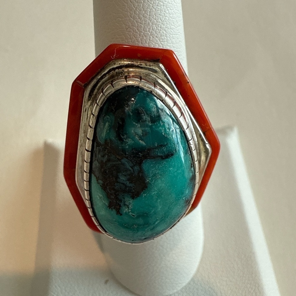 Tony Sanchez Handmade Sterling Silver Turquoise Coral Malachite Jet Ring Size 7 - Picture 2 of 9